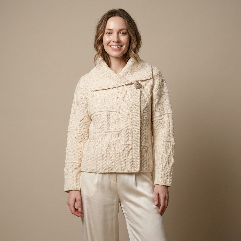 Aran Sweater Market Cream 100% Merino Wool Patchwork Cable Knit Cardigan Small